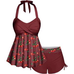 ROSE GAL Women Plus Size Two Piece Tankini Swimsuits Retro Cherry Dots Print Halter Cinched Ruched Modest Bathing Suits(Red)