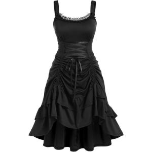 ROSE GAL Women Plus Size Victoria Gothic Lace Trim Lace-up Ruffled Cinched Ruched High Low Midi Dress(Black_5)