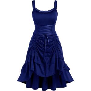ROSE GAL Women Plus Size Victoria Gothic Lace Trim Lace-up Ruffled Cinched Ruched High Low Midi Dress(Blue_2)