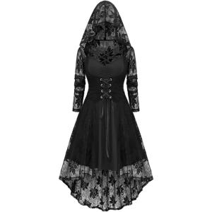 ROSE GAL Womens Plus Size 2pcs Witch Halloween Costume Gothic Lace Hooded Dress(Black)