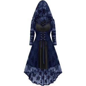 ROSE GAL Womens Plus Size 2pcs Witch Halloween Costume Gothic Lace Hooded Dress(Blue_1)
