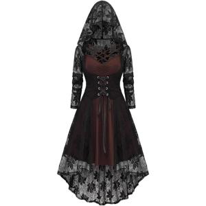 ROSE GAL Womens Plus Size 2pcs Witch Halloween Costume Gothic Lace Hooded Dress(Coffee)