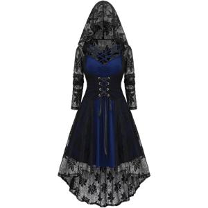 ROSE GAL Womens Plus Size 2pcs Witch Halloween Costume Gothic Lace Hooded Dress(Deep Blue)