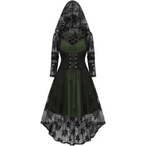 ROSE GAL Womens Plus Size 2pcs Witch Halloween Costume Gothic Lace Hooded Dress(Deep Green)