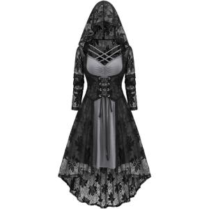 ROSE GAL Womens Plus Size 2pcs Witch Halloween Costume Gothic Lace Hooded Dress(Gray)
