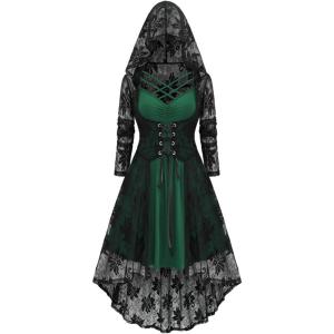 ROSE GAL Womens Plus Size 2pcs Witch Halloween Costume Gothic Lace Hooded Dress(Green)