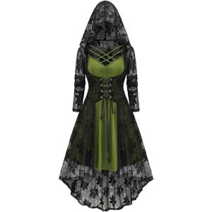 ROSE GAL Womens Plus Size 2pcs Witch Halloween Costume Gothic Lace Hooded Dress(Green_1)