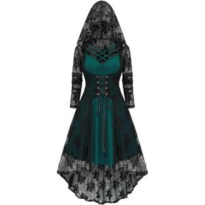 ROSE GAL Womens Plus Size 2pcs Witch Halloween Costume Gothic Lace Hooded Dress(Green_2)