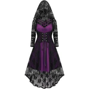 ROSE GAL Womens Plus Size 2pcs Witch Halloween Costume Gothic Lace Hooded Dress(Purple)
