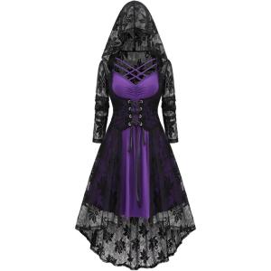 ROSE GAL Womens Plus Size 2pcs Witch Halloween Costume Gothic Lace Hooded Dress(Purple_4)