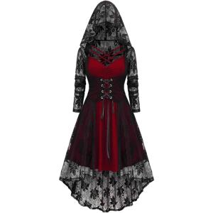 ROSE GAL Womens Plus Size 2pcs Witch Halloween Costume Gothic Lace Hooded Dress(Red)