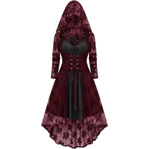ROSE GAL Womens Plus Size 2pcs Witch Halloween Costume Gothic Lace Hooded Dress(Wine Red)