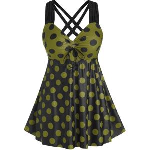 ROSE GAL Womens Plus Size Curve Cinched Polka Dot Crisscross Tankini Swimsuit Set(Green_2)