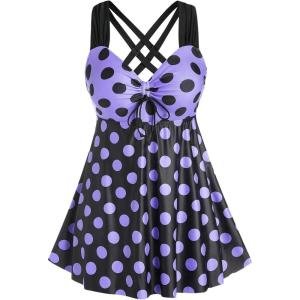 ROSE GAL Womens Plus Size Curve Cinched Polka Dot Crisscross Tankini Swimsuit Set(Purple_1)