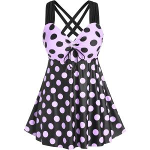 ROSE GAL Womens Plus Size Curve Cinched Polka Dot Crisscross Tankini Swimsuit Set(Purple_3)