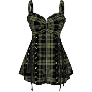ROSE GAL Womens Plus Size Curve Lace Up Full Zipper Plaid Tank Tops Gothic Sleeveless Strap Tank Top(Army Green)