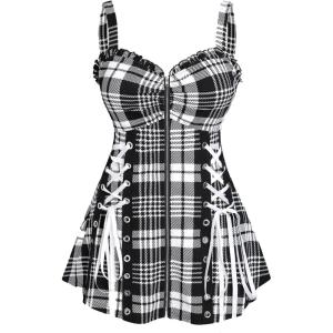 ROSE GAL Womens Plus Size Curve Lace Up Full Zipper Plaid Tank Tops Gothic Sleeveless Strap Tank Top(Black_5)