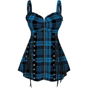 ROSE GAL Womens Plus Size Curve Lace Up Full Zipper Plaid Tank Tops Gothic Sleeveless Strap Tank Top(Blue)