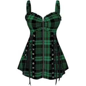 ROSE GAL Womens Plus Size Curve Lace Up Full Zipper Plaid Tank Tops Gothic Sleeveless Strap Tank Top(Green)