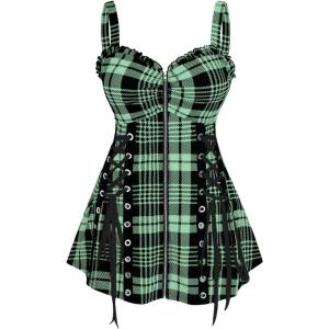 ROSE GAL Womens Plus Size Curve Lace Up Full Zipper Plaid Tank Tops Gothic Sleeveless Strap Tank Top(Light Green)