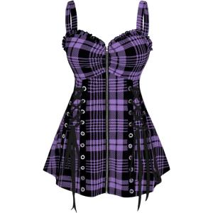 ROSE GAL Womens Plus Size Curve Lace Up Full Zipper Plaid Tank Tops Gothic Sleeveless Strap Tank Top(Light Purple)