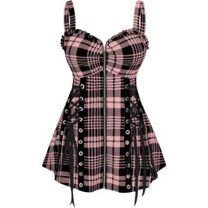 ROSE GAL Womens Plus Size Curve Lace Up Full Zipper Plaid Tank Tops Gothic Sleeveless Strap Tank Top(Pink)