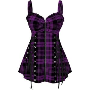 ROSE GAL Womens Plus Size Curve Lace Up Full Zipper Plaid Tank Tops Gothic Sleeveless Strap Tank Top(Purple)