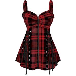 ROSE GAL Womens Plus Size Curve Lace Up Full Zipper Plaid Tank Tops Gothic Sleeveless Strap Tank Top(Red)