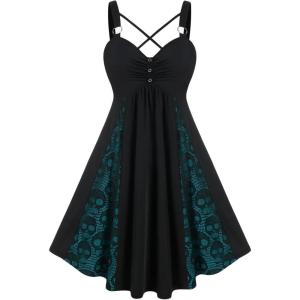 ROSE GAL Womens Plus Size Dresses Sleeveless V-Neck Gothic Vintage 50S Spaghtti Strap Swing Maxi Dress(Black_302)