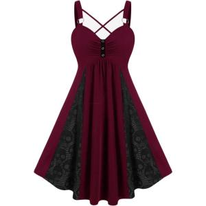 ROSE GAL Womens Plus Size Dresses Sleeveless V-Neck Gothic Vintage 50S Spaghtti Strap Swing Maxi Dress(Red_3)