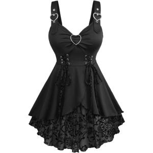 ROSE GAL Womens Plus Size Floral Flocking Tulip Hem Layered Ruffles Lace Up Ruched Heart Buckles Gothic Tank Top(Black)