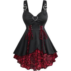 ROSE GAL Womens Plus Size Floral Flocking Tulip Hem Layered Ruffles Lace Up Ruched Heart Buckles Gothic Tank Top(Black_13)