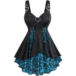 ROSE GAL Womens Plus Size Floral Flocking Tulip Hem Layered Ruffles Lace Up Ruched Heart Buckles Gothic Tank Top(Blue_1)