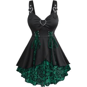 ROSE GAL Womens Plus Size Floral Flocking Tulip Hem Layered Ruffles Lace Up Ruched Heart Buckles Gothic Tank Top(Green)