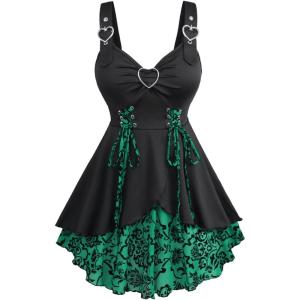 ROSE GAL Womens Plus Size Floral Flocking Tulip Hem Layered Ruffles Lace Up Ruched Heart Buckles Gothic Tank Top(Green_1)