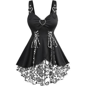 ROSE GAL Womens Plus Size Floral Flocking Tulip Hem Layered Ruffles Lace Up Ruched Heart Buckles Gothic Tank Top(White)