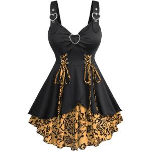 ROSE GAL Womens Plus Size Floral Flocking Tulip Hem Layered Ruffles Lace Up Ruched Heart Buckles Gothic Tank Top(Yellow)