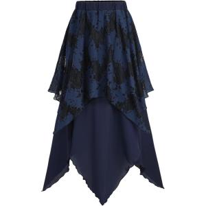 ROSE GAL Womens Plus Size Gothic Lace Overlay Layered Handkerchief Hem Flowy Maxi Skirt(Deep Blue)