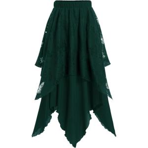 ROSE GAL Womens Plus Size Gothic Lace Overlay Layered Handkerchief Hem Flowy Maxi Skirt(Deep Green)