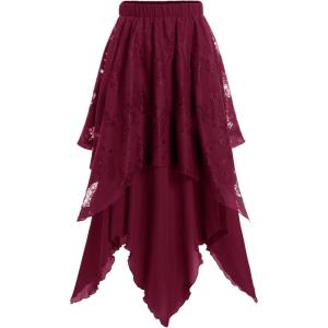 ROSE GAL Womens Plus Size Gothic Lace Overlay Layered Handkerchief Hem Flowy Maxi Skirt(Red)