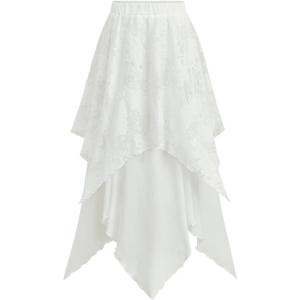 ROSE GAL Womens Plus Size Gothic Lace Overlay Layered Handkerchief Hem Flowy Maxi Skirt(White)