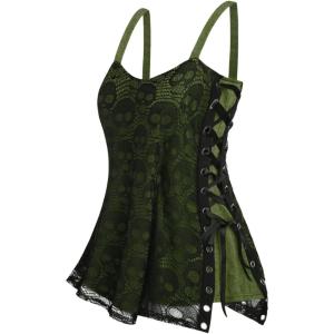 ROSE GAL Womens Plus Size Gothic Skull Lace Overlay Sleeveless Strap Tank Top(Green)