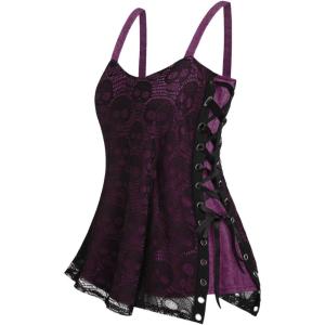 ROSE GAL Womens Plus Size Gothic Skull Lace Overlay Sleeveless Strap Tank Top(Purple_1)