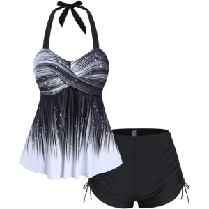 ROSE GAL Womens Plus Size Halter Backless Empire Waist Modest Boyshorts Tankini Swimsuit Set(Black_1)