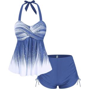 ROSE GAL Womens Plus Size Halter Backless Empire Waist Modest Boyshorts Tankini Swimsuit Set(Blue_3)