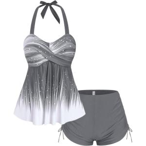 ROSE GAL Womens Plus Size Halter Backless Empire Waist Modest Boyshorts Tankini Swimsuit Set(Gray_1)