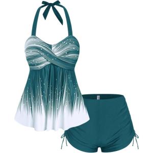 ROSE GAL Womens Plus Size Halter Backless Empire Waist Modest Boyshorts Tankini Swimsuit Set(Green_2)