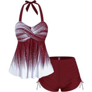 ROSE GAL Womens Plus Size Halter Backless Empire Waist Modest Boyshorts Tankini Swimsuit Set(Red_1)