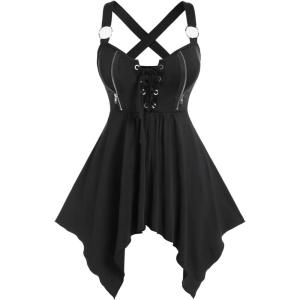 ROSE GAL Womens Plus Size Lace Up Zipper Crisscross Handkerchief Tank Top(Black_10)