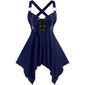 ROSE GAL Womens Plus Size Lace Up Zipper Crisscross Handkerchief Tank Top(Blue)